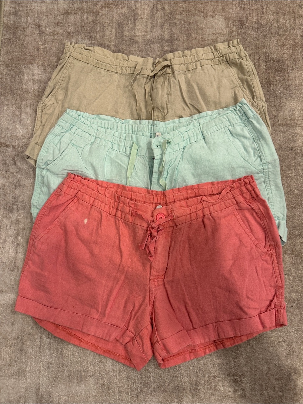 Old Navy Linen-Blend Drawstring Shorts in Coral, Mint & Tan